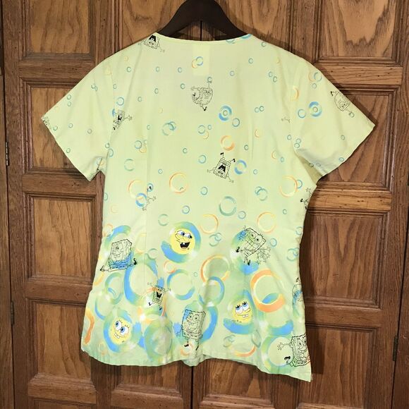Nickelodeon SpongeBob SquarePants Top Women's M Lime Cotton Poly Scrubs Pockets - Picture 7 of 9